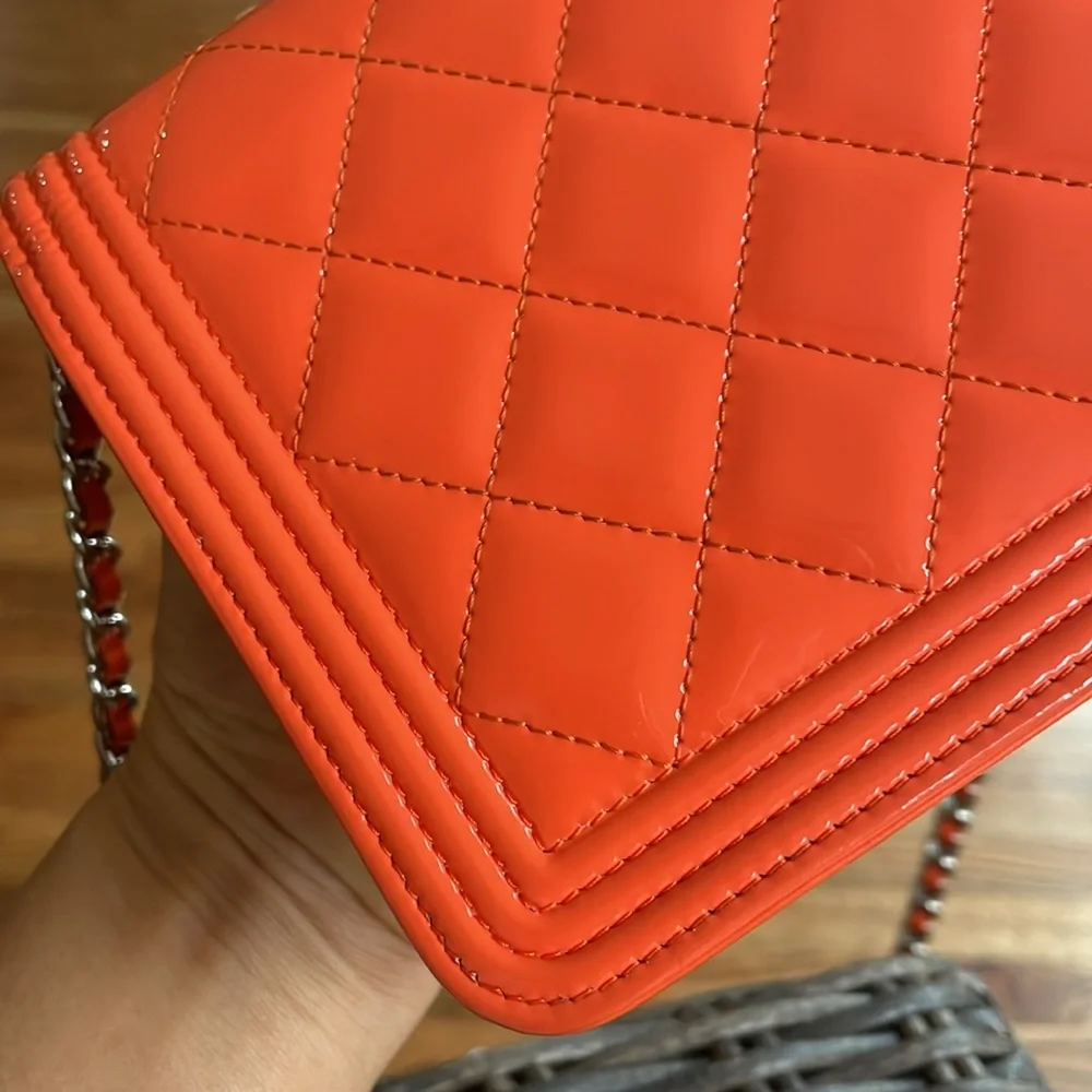 CHANEL Orange Quilted Patent Leather Crossbody Bag